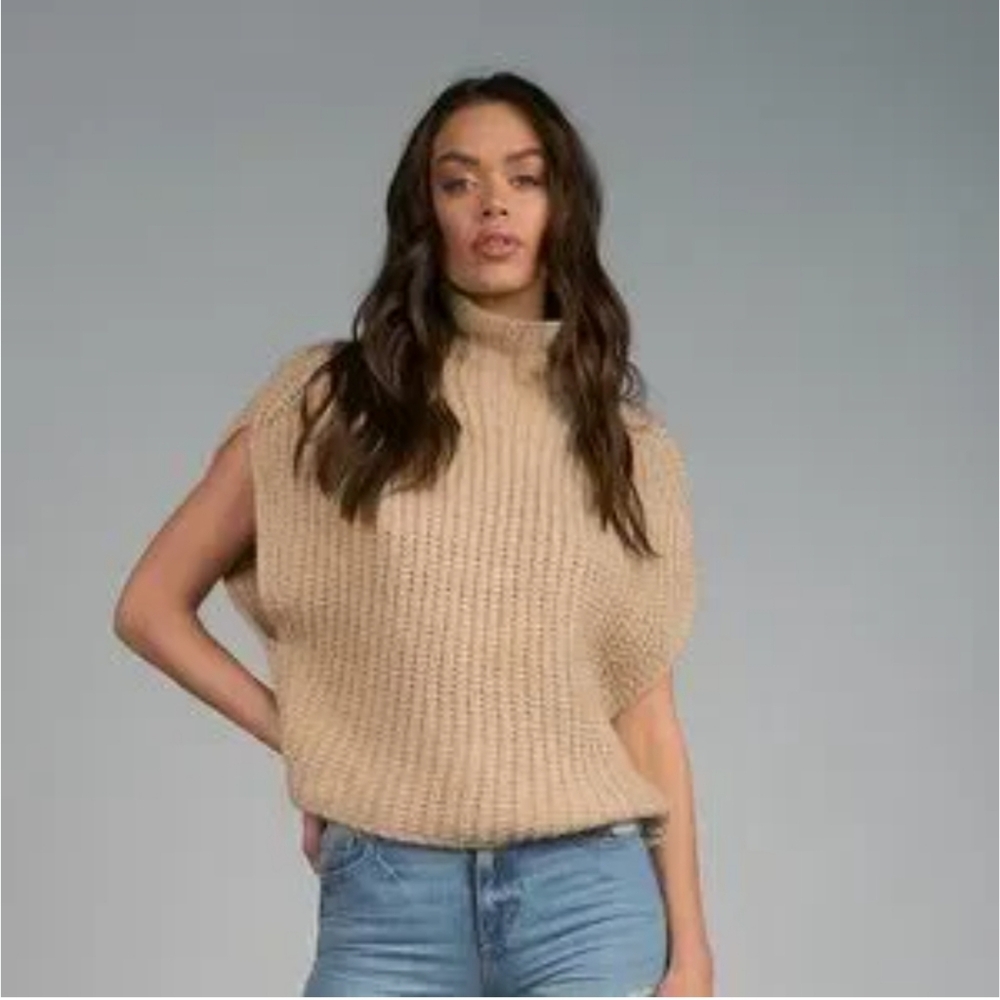 Elan Beige Chunky Knit Wool Blend Sweater Vest, Turtleneck, Women's Size Small